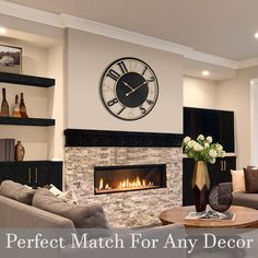 a living room filled with furniture and a fire place under a clock on the wall