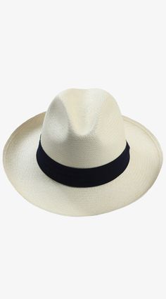 This classic Panama hat is made of Toquilla straw and features a grosgrain band. Handcrafted by skilled artisans in Ecuador. Size Guide: 56-57 cm with adjustable band. One size fits most. To find your hat size measure from the back of your head bringing the ends together at the center of your forehead right above your eyebrows. Adjustable Flat Brim Straw Hat, Classic Panama Hat For Beach, Natural Summer Hat For Formal Occasions, Classic Fedora For Vacation, Classic Fitted Six-panel Fedora, Classic Natural Fedora, Classic Sun Hat For Vacation, Classic Brimmed Boater Hat For Travel, Natural Panama Hat For Formal Summer Occasions