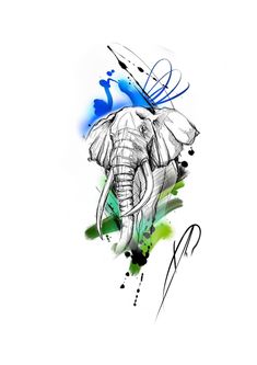 an elephant with blue and green paint splatters on it's back side