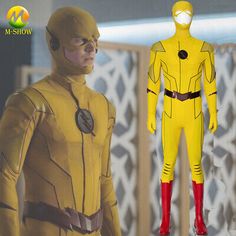 the flash cosplay costume is yellow and has red boots on his feet, while he