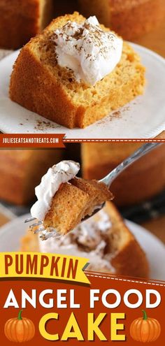 pumpkin angel food cake with whipped cream on top and an image of the recipe below