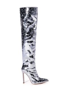 SHATTERED-SILVER STILETTO BOOT | AZALEA WANG Gold Stilettos, Azalea Wang, Sandal Platform, Shattered Glass, Glass Pattern, Stiletto Boots, How To Stretch Boots, Stiletto Sandals, Perfect Shoes