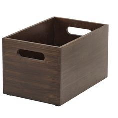 a brown wooden box with handles on the front and bottom, sitting against a white background