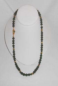 "Spinach Jade, 14K Gold, Jade Necklace, Fine Jewelry, 6mm Beads, 8mm Beads, 14K Gold Jade Necklace, Gifts For Her, Jade Jewelry Measuring 23\" from end to end with 6mm & 8mm Jade beads. Spacers and clasp are 14K yellow gold. The 14K mark I believe is worn off but has been tested and guaranteed 14K gold. There is one spot as seen in the pictures with a little bit of string hanging out. In good condition." Elegant Formal Beaded Necklaces With 8mm Beads, Elegant 8mm Rondelle Beaded Necklaces, Jade Bead Necklace, Coral Decor, Natural Coral, Jade Necklace, White Coral, Jade Jewelry, Jade Beads