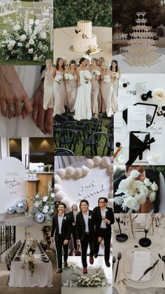 a collage of wedding pictures with white and black accents