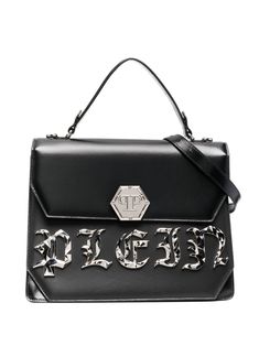 Black leather big Gothic Plein shoulder bag from PHILIPP PLEIN featuring silver-tone hardware, logo lettering, logo plaque, foldover top, detachable shoulder strap, single rounded top handle, rear patch pocket and internal card slot. | Philipp Plein big Gothic Plein shoulder bag Phillips Plein, Hexagon Logo, Hardware Logo, Shoulder Strap Bag, Lettering Logo, Black Tweed, Philipp Plein, Leather Silver, Black Tote Bag