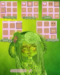 an animated girl with green hair and flowers on her head, surrounded by pink squares