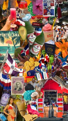 a collage of many different items including hats, flags and other things in the background