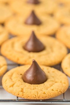 chocolate chip cookies cooling on a rack with other cookies in the backrounds