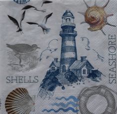 a napkin with an image of a lighthouse, shells and seagulls on it