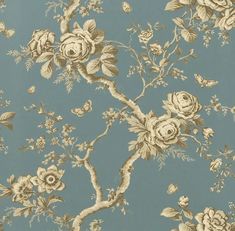 a blue and gold wallpaper with roses on it