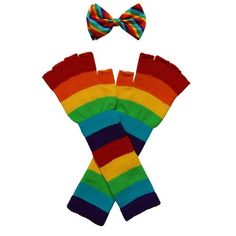 Show off the colorful colors of the rainbow with this rainbow kit. Set includes rainbow long fingerless gloves and rainbow bow tie. Be noticed with a blast of illuminating rainbow. Size: One Size.  Color: Multicolor. Rainbow Fingerless Gloves, Rainbow Bright Costumes, Rainbow Costume, Clown Accessories, Rainbow Costumes, Fabric Care Labels, Flower Birthday Party, Long Fingerless Gloves, Rainbow Bow