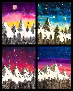 four different pictures of mountains with stars in the sky and snow covered trees on them