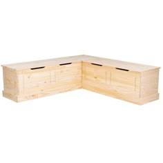 an unfinished wooden bench with two drawers