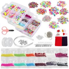 the kit includes beads, scissors and other crafting supplies