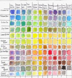 the color chart for watercolors is shown in this drawing, with different colors