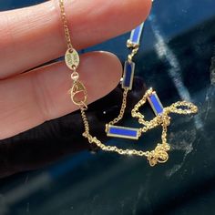 14K Yellow Gold Lapis Lazuli Station Necklace. This luxurious necklace is designed to last with the high-quality materials used. The polished Italian 14K Yellow Gold settings showcase the beautiful Lapis Lazuli Inlayed to create an elegant look. Complete with a lobster clasp for secure closure. Thank you for visiting our shop! 𝑫𝑴𝑲 𝑱𝒆𝒘𝒆𝒍𝒓𝒚 Luxury Necklace With Rectangular Pendant And Cable Chain, Luxury Rectangular Pendant Jewelry With Cable Chain, Blue 14k Gold Cable Chain Jewelry, Elegant Blue Necklace With Cable Chain, Elegant Blue Necklace With Chain, Elegant Lapis Lazuli Necklace With Adjustable Chain, Luxury Sapphire Jewelry In Lapis Lazuli, Elegant Blue Jewelry With Cable Chain, Elegant Blue Cable Chain Jewelry