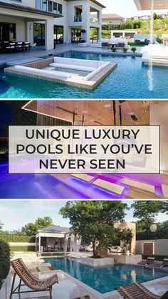 These are the top luxury backyard design features our clients ask us about the most because they instantly give a yard "WOW factor - unique modern pools like you've never seen before!  These luxury pool designs take our client's modern luxury backyards to a new level.  Check out these unique backyard pools here! Expensive Pools Luxury, Dreamy Pool Aesthetic, Transitional Backyard With Pool, Modern Pool Area Design, Swimming Pools Backyard Design, Pool Material Ideas, Luxury Swimming Pools Outdoor, Cool Pool Designs