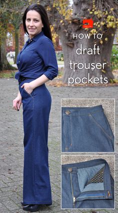 a woman standing in front of a tree with the words how to draft trouser pockets