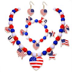 PRICES MAY VARY. 【AMERICAN FLAG JEWELRY SET】: Celebrate the federal holiday in style with our red white blue necklace bracelet and earring set. You will receive a chunky choker necklace and a beaded stretch bracelet, both decorated with cute American flag, heart, map, USA and star charms; matched with a pair of heart dangle earrings. The perfect patriotic accessory that will easily match any festive outfit 【4TH OF JULY NECKLACE】: Let nothing stop you from indulging in these charming messengers o Patriotic Necklace, American Flag Jewelry, Patriotic Accessories, Chunky Choker Necklace, Patriotic Jewelry, Chunky Choker, Heart Map, Bubblegum Necklace, Bubble Necklaces