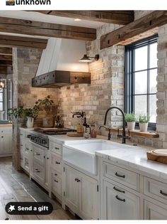 an image of a kitchen setting with white cabinets and stone walls in the background that reads unknown send a gift