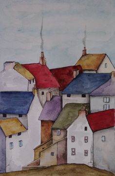 watercolor painting of houses on hill with blue sky in the background