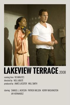 a man and woman standing next to each other in front of a white wall with the words lakeview terrace on it