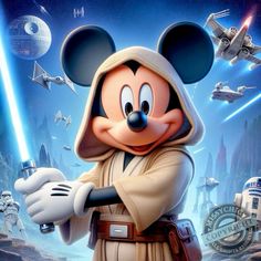 a cartoon character dressed as mickey mouse in front of a star wars scene with other characters