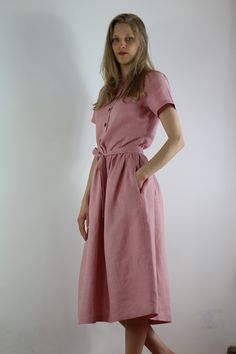 "Spring dress, Handmade rosel color linen dress with short sleeves and 2 pockets , perfect for casual wear and suitable for any occasion in any season Details: - 100% natural linen produced in Europe ; - medium weight (180 gram per square meter); - color: rose linen, could be any from our colors catalog (color samples at the photo); Made to order, approximately a few days, If you have any questions please message me and I will be glad to answer. Size guide : Size XS Bust: fits bust around 33\"-3 Knee-length Linen Dress With Buttons, Summer Linen V-neck Dress With Buttons, Knee-length Linen Midi Dress With Button Closure, Casual Knee-length Linen Dress With Button Closure, Knee-length Linen Dress With Button Closure, Linen Casual Dress, Attractive Dresses, Color Catalog, Peter Pan Collar Dress