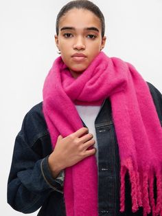 Soft, feathered chunky knit scarf.  Fringe at ends.  Responsible Wool Standard certified.  For more fit and sizing info, check out our Size Guide. Hot Pink Beanie, Hot Pink Scarf, Chunky Knit Scarf, Pink Beanie, Chunky Knit Scarves, Chunky Scarf, Pink Beanies, Chinese Blue, Chunky Scarves