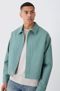 Boxy Smart Ribbed Twill Harrington Jacket | boohooMAN USA Twill Jacket Outfit, Cropped Jacket Outfit Men, Short Jacket Outfit, Streetwear Outerwear, Mens Light Jacket, Boxy Jacket, Gym Jacket, Mens Top, Plus Size Joggers