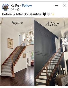 before and after photos of a staircase in a house