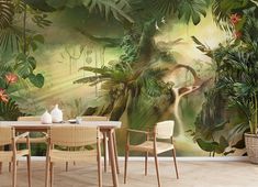 a dining room table with chairs in front of a wall mural depicting a jungle scene