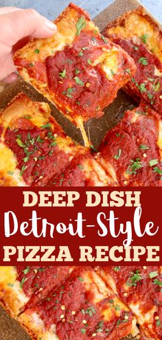 deep dish detroit style pizza recipe with cheese and marinara sauce on top, topped with fresh parsley