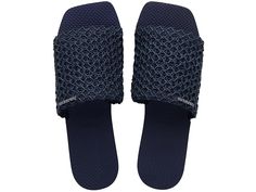 Havaianas You Cannes Sandals - Women's Sandals : Navy Blue : Spice up your basics and enjoy unwavering comfort during walks wearing the Havaianas You Cannes Sandals. Coming in an easy slip-on fit, the shoes boast a wide upper band made of rubber which is beautifully designed in a braided straw-like weave and highlights a branded accent. These are framed in an open square toe silhouette, lending a contemporary note to your look. Unlined. Padded rubber footbed. Rubber outsole. Made in Brazil. Measurements: Weight: 4.24 oz Product measurements were taken using size EU 37-38 (US Men's 5-6, Women's 7-8), width M. Please note that measurements may vary by size. Navy Slides With Cushioned Footbed For Summer, Navy Cushioned Slides For Summer, Navy Beach Slides With Cushioned Footbed, Navy Sandals For Summer Beach Season, Navy Slip-on Sandals For Summer, Navy Flat Sandals For Summer, Navy Open Toe Slides For Summer, Navy Slip-on Slides For Summer, Navy Synthetic Slides For Beach