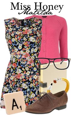 a woman in floral dress and pink cardigan with glasses on her head, holding a suitcase