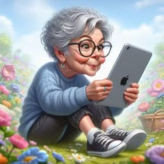 an older woman sitting on the ground with her ipad in front of her, looking at it