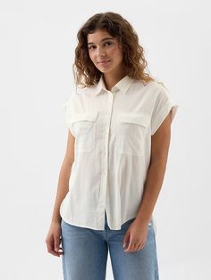 Utility Shirt | Gap Factory Casual Tops With Roll-up Sleeves And Shirttail Hem, Casual Blouse With Roll-up Sleeves And Shirttail Hem, Casual Blouse With Buttoned Pockets And Shirttail Hem, Casual Cotton Blouse With Buttoned Pockets, Casual Blouse With Pockets For Day Out, Casual Tops With Buttoned Pockets For Day Out, Casual Shirt With Shirttail Hem For Day Out, Everyday Shirt With Buttoned Pockets And Shirttail Hem, Casual Shirt With Rolled Sleeves For Day Out