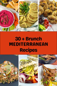 a collage of different photos of recipes and title tag of 30+ brunch  Mediterranean recipes Mediterranean Brunch, Refreshing Salads, Protein Options, Greek Orzo Salad, Vegetarian Bowls, Mother's Day Celebration, Savory Rice, Brunch Spread, Beet Hummus