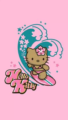 a hello kitty surfing on top of a pink surfboard with the words hello kitty