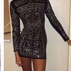 Bebe Black Bedazzled Studded Embellished Dress Xs New With Tags Green Knit Dress, White Bodycon Dress, Dressy Dresses, Silk Mini Dress, Bebe Dresses, Animal Print Dresses, Embellished Dress, Floral Dress Black, Long Sleeve Mini Dress