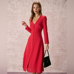 Details: - Red - Work - Daily - Solid Color - Button - A-Line - V-Neck - Long Sleeves - Midi - Slim Fit - No Stretch - 100% Polyester - Machine Wash Or Professional Dry This V Neck Midi Dress Is A Perfect Choice For Any Occasion. The Long Sleeves, A-Line And Slim Fit Design Of The Dress Adds Movement And Flow, Making It Easy To Wear And Dance In. The V-Neck And Button Detail Adds A Feminine Touch And Makes This Dress Perfect For Any Occasion. Whether You're Going Out On A Date Or Attending A For Button Long Sleeve, V Neck Midi Dress, Short Hair Styles Easy, Red Midi Dress, Sleeve Midi Dress, Long Sleeve Midi, Knee Length Dresses, Long Sleeve Midi Dress, Floral Midi Dress