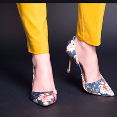 Floral Heels Spring Floral Print Pointed Toe Heels, Chic Floral Print Heels With Round Toe, Chic Closed Toe Floral Print Heels, Chic Floral Print Closed Toe Heels, Chic Floral Print Heels For Formal Occasions, Chic Floral Print Formal Heels, Chic Formal Heels With Floral Print, Heels Floral, Velvet Block Heels