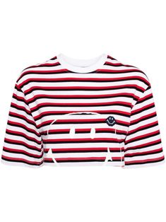 bright red/chalk white/navy blue cotton jersey texture smiley face print embroidered logo at the chest contrasting collar half-length sleeves cropped Smiley Face Print, Joshua Sanders, Red Stripes Top, Face Print, Versace Outfit, City Dress, Chalk White, Cropped T Shirt, Summer Beach Wear