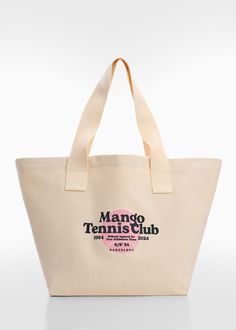 Printed tote bag - Women | Mango USA Moma Store Products, Cotton Double Handle Bag With Logo Print, Canvas Bags With Logo Print And Double Handle, Double Handle Canvas Bag With Logo Print, White Logo Print Shopping Bag, White Tote Bags For Sports Events, White Tote Bag For Sports Events, White Letter Print Sports Bag, Sporty White Canvas Tote Bag