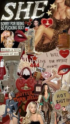 a collage of photos and words with women's accessories on them, including lipstick