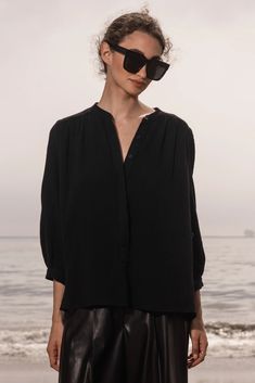 Marish Top - Black | Heidi Merrick Coastal Lifestyle, Double Gaze, Gathered Sleeves, Bishop Sleeve, Knit Blazer, Ruffle Collar, Suits Coats, Casual Elegance, Blazer Coat