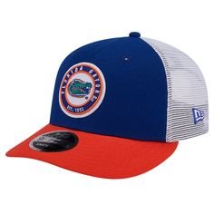 the florida gators new era trucker hat is blue and red with an orange visor