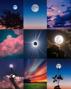 many different pictures with the same sky and moon in them, all showing different colors