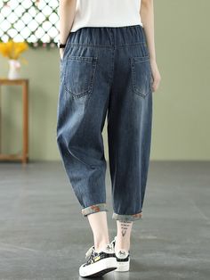 Material Denim , >70%Cotton Style Loose , Harem pants Feature Elasticity , Applique Occasion Casual , Vintage , Artistic Retro Seasons Spring , Summer Type Jean Pants Bottoms Color DENIM BLUE Size M,L,XL Baggy Denim Blue Pants For Spring, Dark Wash Bottoms With Pockets For Spring, Spring Season Denim Blue Jeans With Loose Fit, Spring Denim Blue Loose Fit Jeans, Spring Bottoms With Pockets In Dark Wash, Spring Bottoms In Dark Wash With Pockets, Spring Baggy Dark Wash Cropped Jeans, Spring Baggy Denim Blue Jeans, Spring Baggy Medium Wash Cropped Jeans